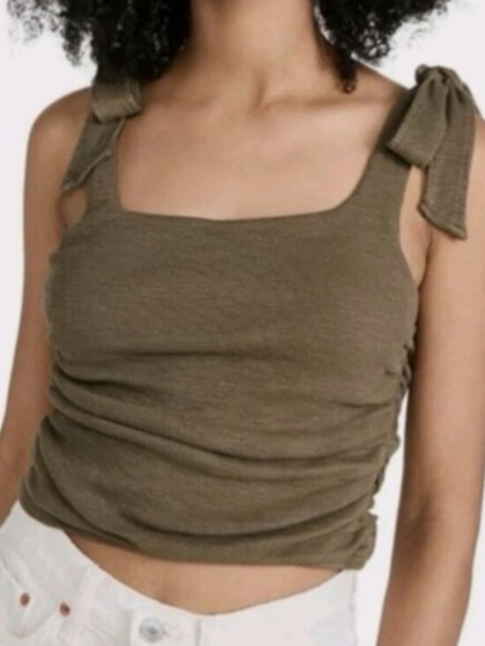 Free People Green Oregano Sleeveless Ribbed Ruched Crop Top Sz XS Boho